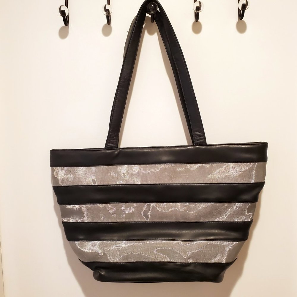Shiny Vintage Jennifer Moore Tote Bag Large Purse Shoulder Black Silver Striped